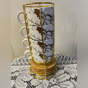 LUKA 4pc Cappuccino/Expresso Mugs - White/Gold, Gold Stand, Wood Saucers